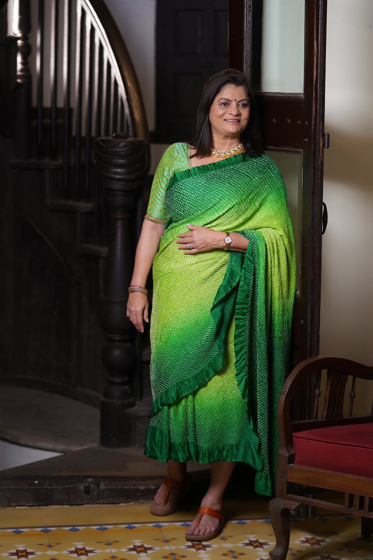 EMERALD GREEN ETERNAL DOTS BANDHANI SILK SAREE