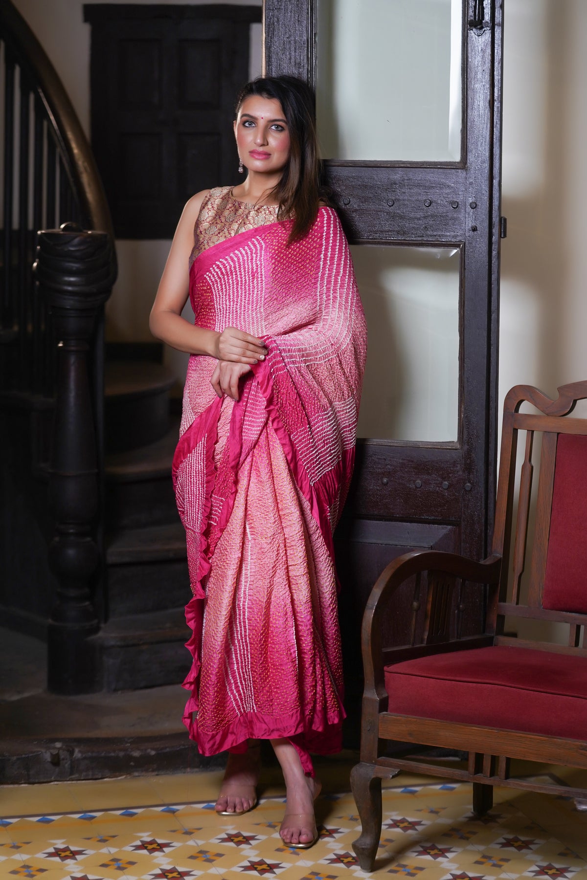 PINK LINES AND DOTS BANDHANI SILK SAREE