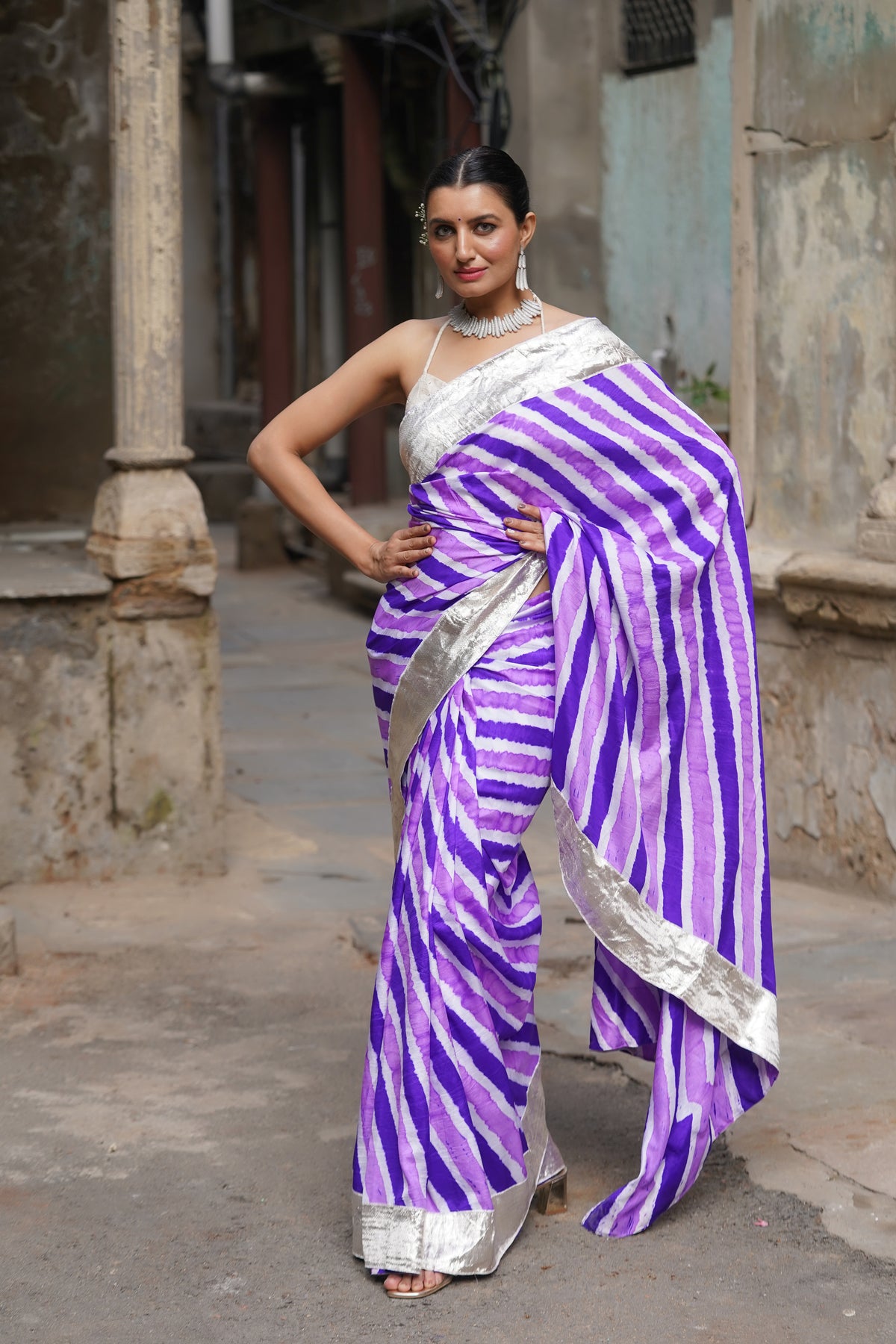 PURPLE LEHERIYA SILK SAREE WITH LAMPI BORDER