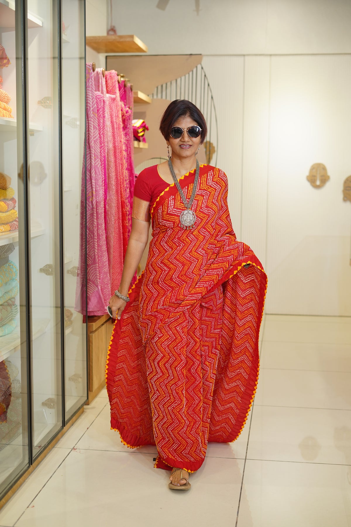 RED O3 CHEVRON SILK BANDHANI SAREE