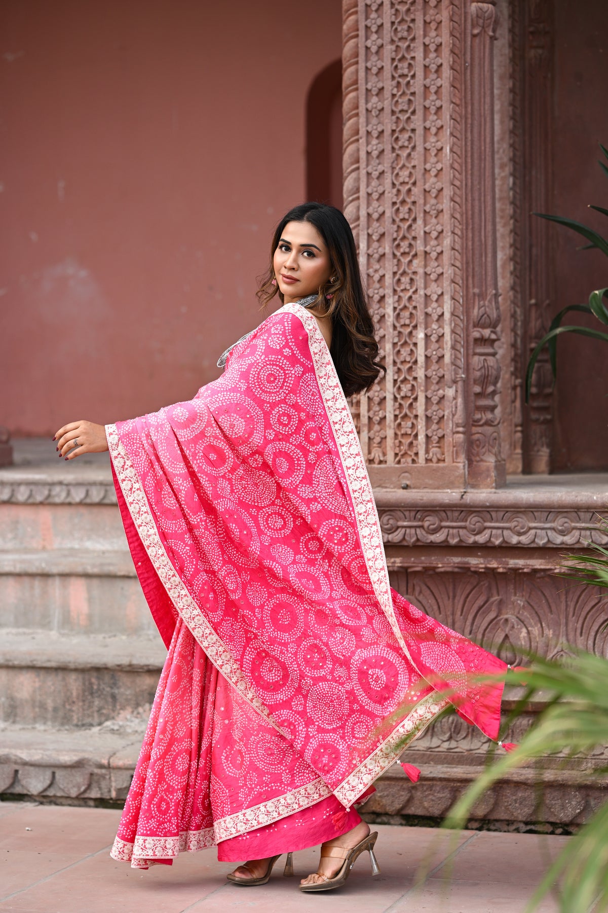 PINK CIRCLES OF THE LIFE BANDHANI SILK SAREE WITH MIRROR WORK AND LACE