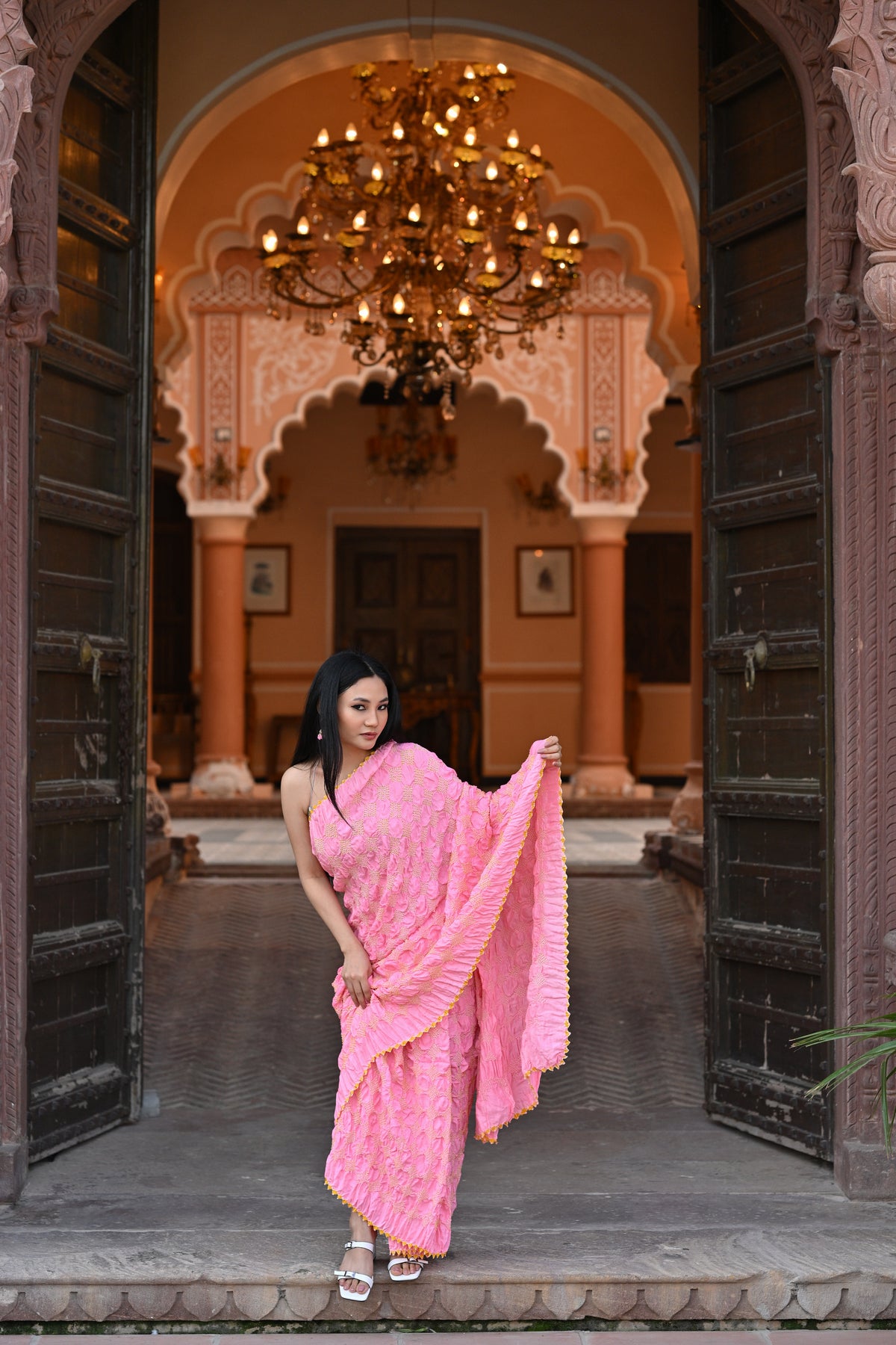 PINK GEOMETRIC BANDHANI SILK SAREE