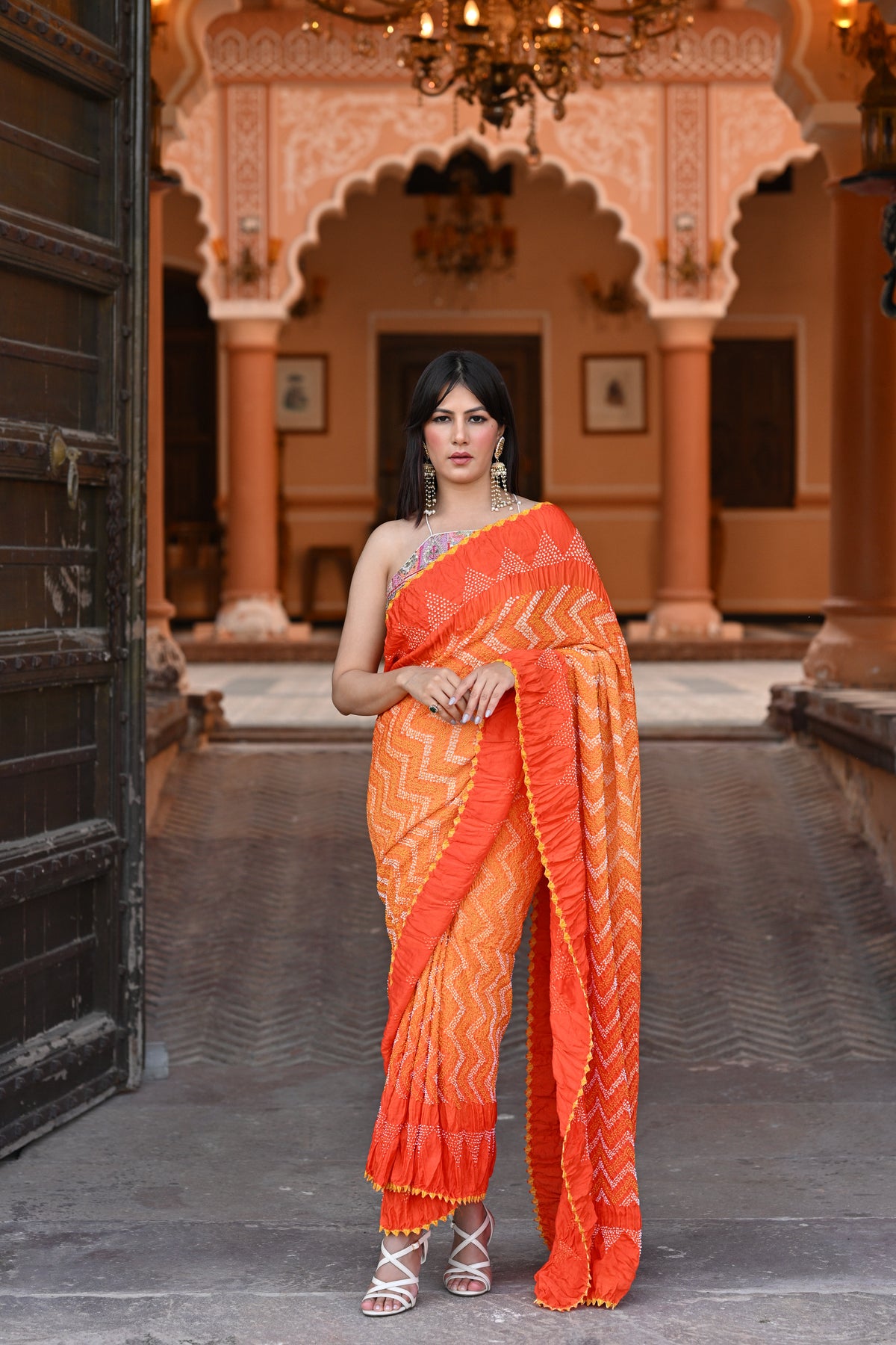 ORANGE CHEVRON BANDHANI SILK SAREE