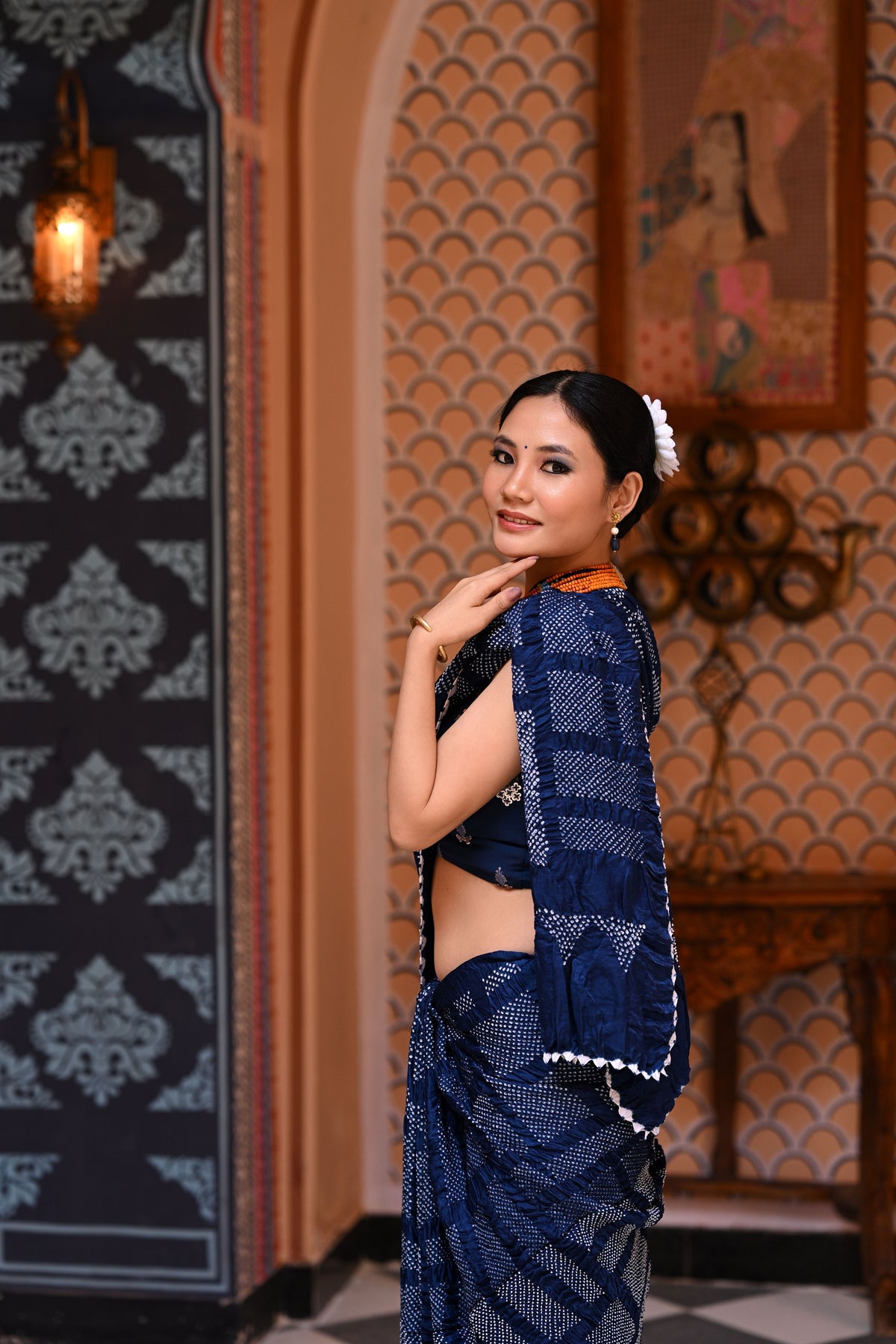 INDIGO BLUE SQUARE STRIPES BANDHANI SILK SAREE