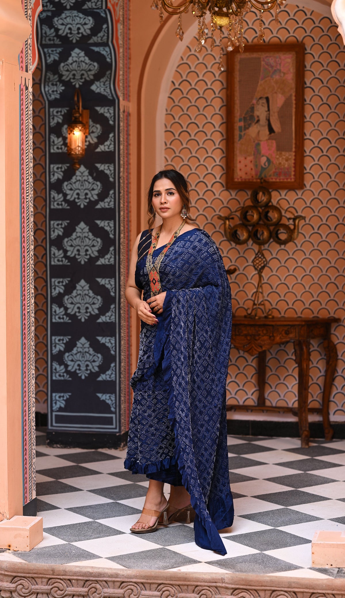 GEOMETRIC NEW DIAMOND BANDHANI SILK SAREE INDIGO BLUE