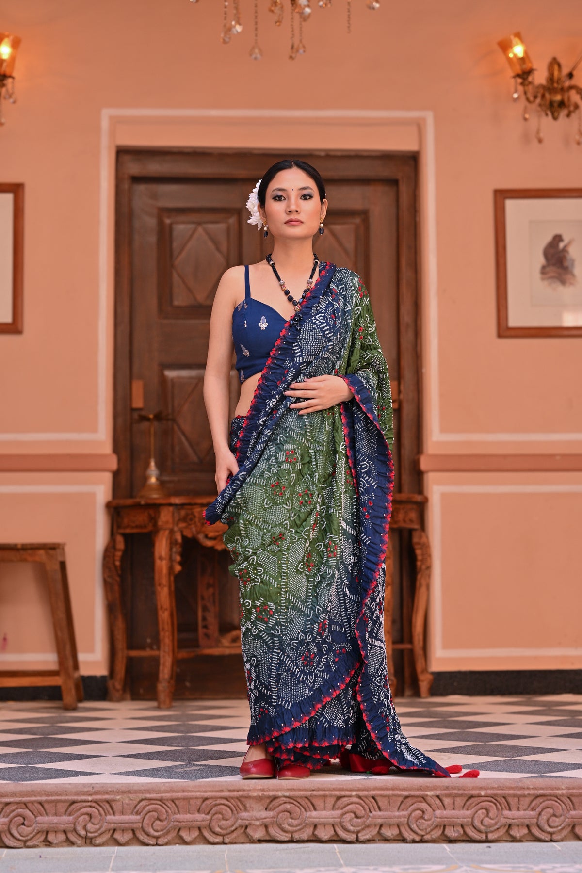 INDIGO BLUE JAPANESE BANDHANI SILK SAREE WITH MUKAISH WORK