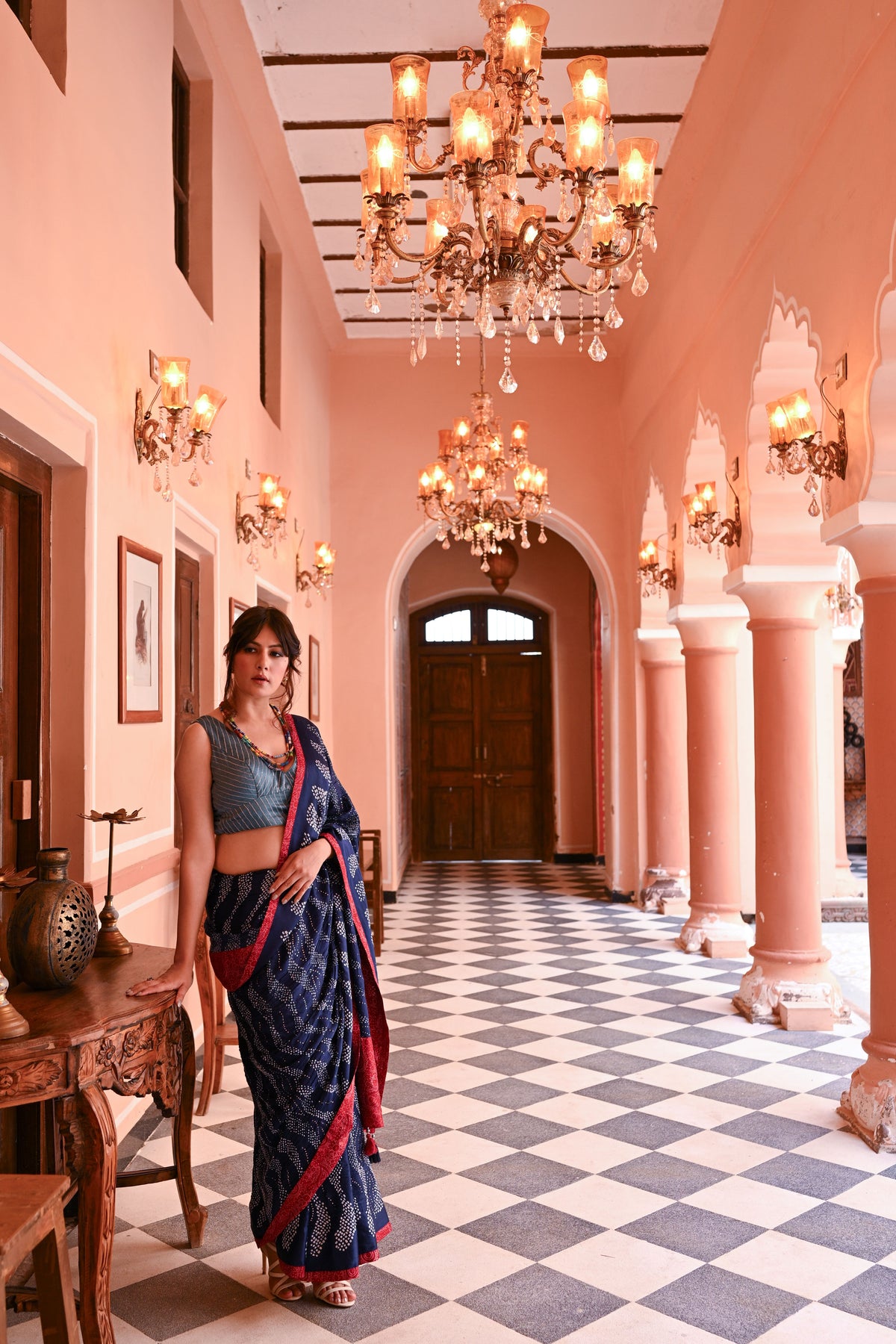INDIGO BLUE WAVES OF THE SEA BANDHANI SILK SAREE WITH MUKAISH WORK AND SILK BORDER