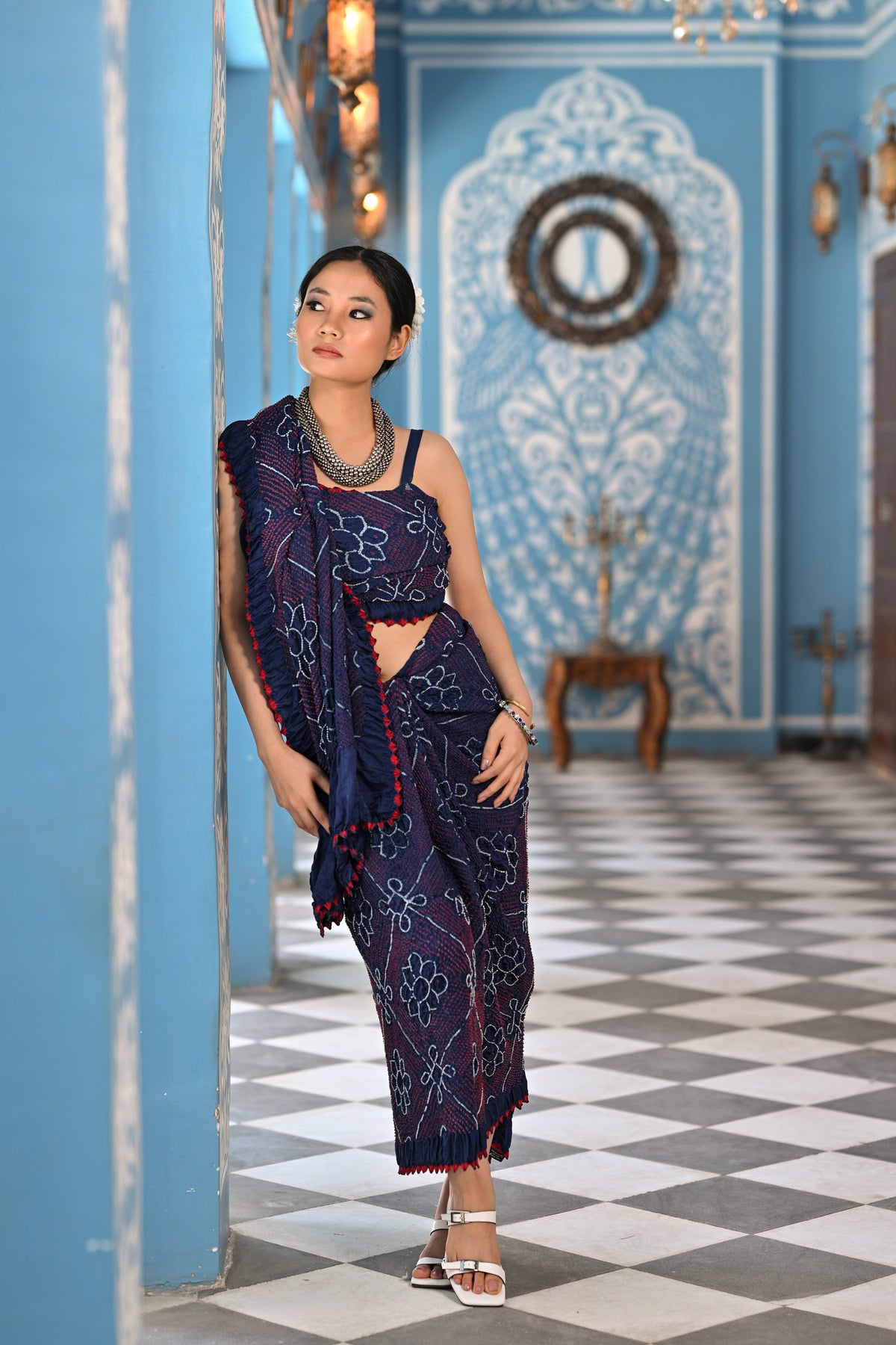 INDIGO BLUE POPPY FLOWER BANDHANI SILK SAREE