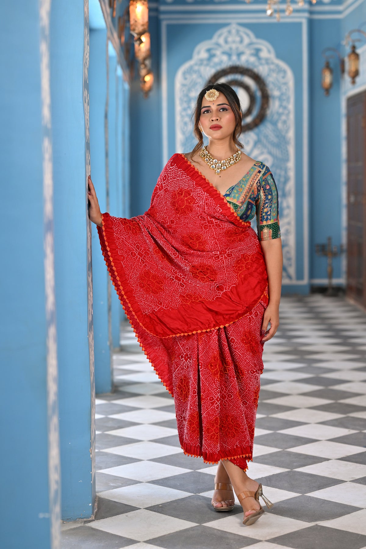 RED POPPY FLOWER BANDHANI SILK SAREE