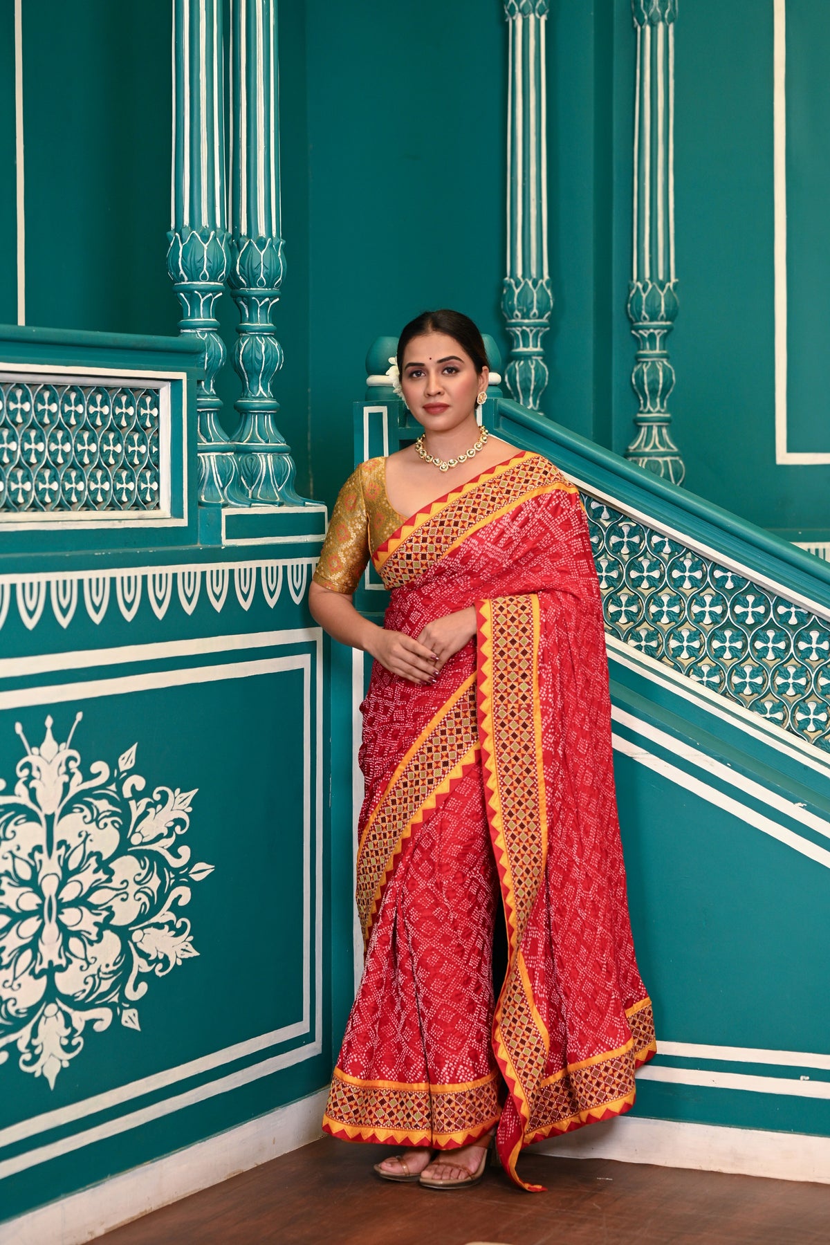 RED GEOMETRIC NEW DIAMOND BANDHANI SILK SAREE WITH KUTCHY BORDER