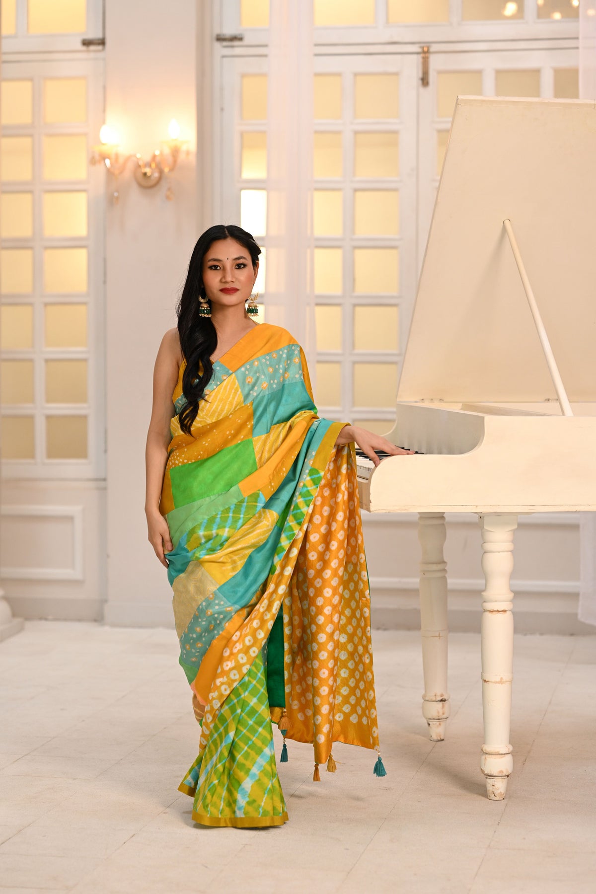 YELLOW-GREEN BAARADOZI PATCHWORK REVERSIBLE SILK SAREE