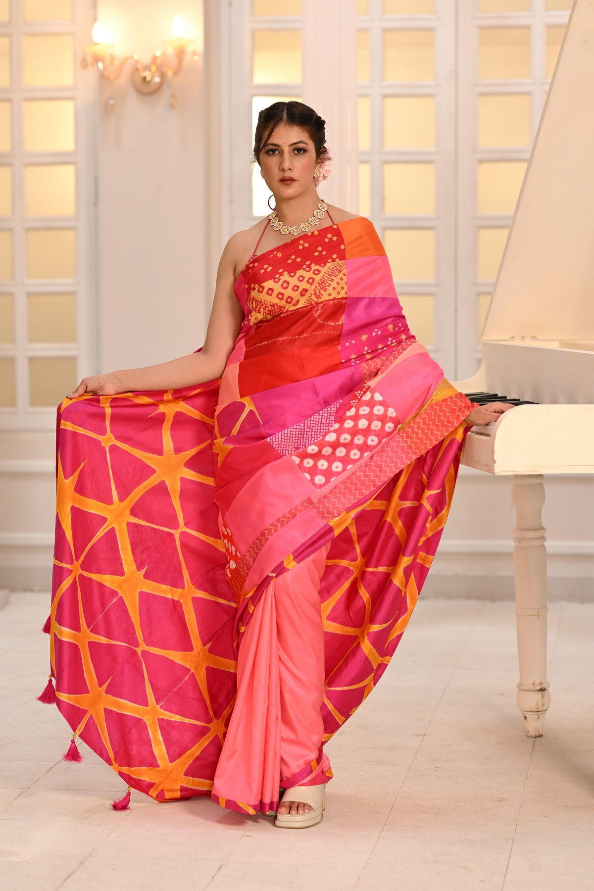 RED-PINK BAARADOZI PATCHWORK REVERSIBLE SILK SAREE