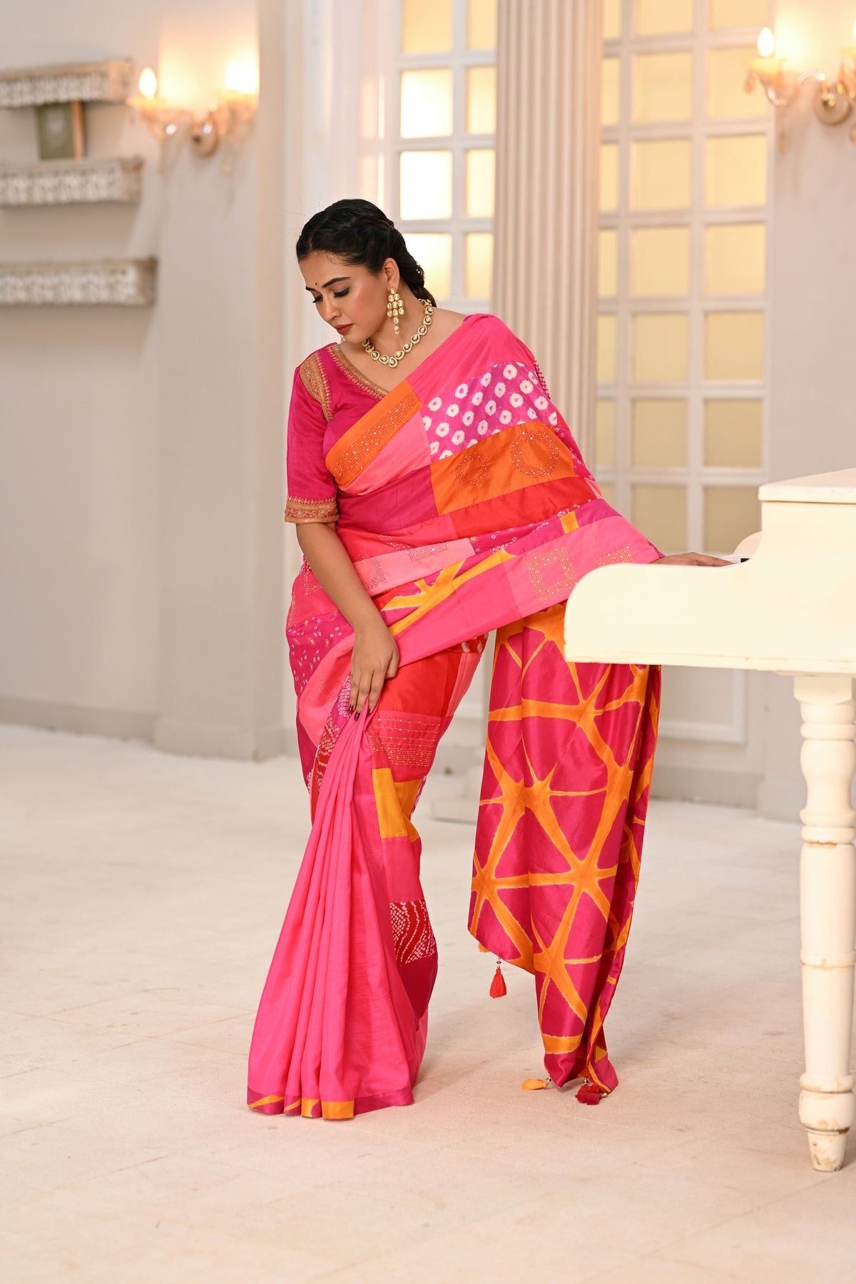RED-PINK BAARADOZI PATCHWORK REVERSIBLE SILK SAREE WITH EMBROIDERY