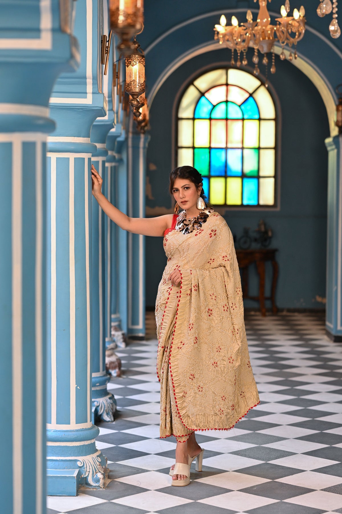 BEIGE JAPANESE BANDHANI SILK SAREE