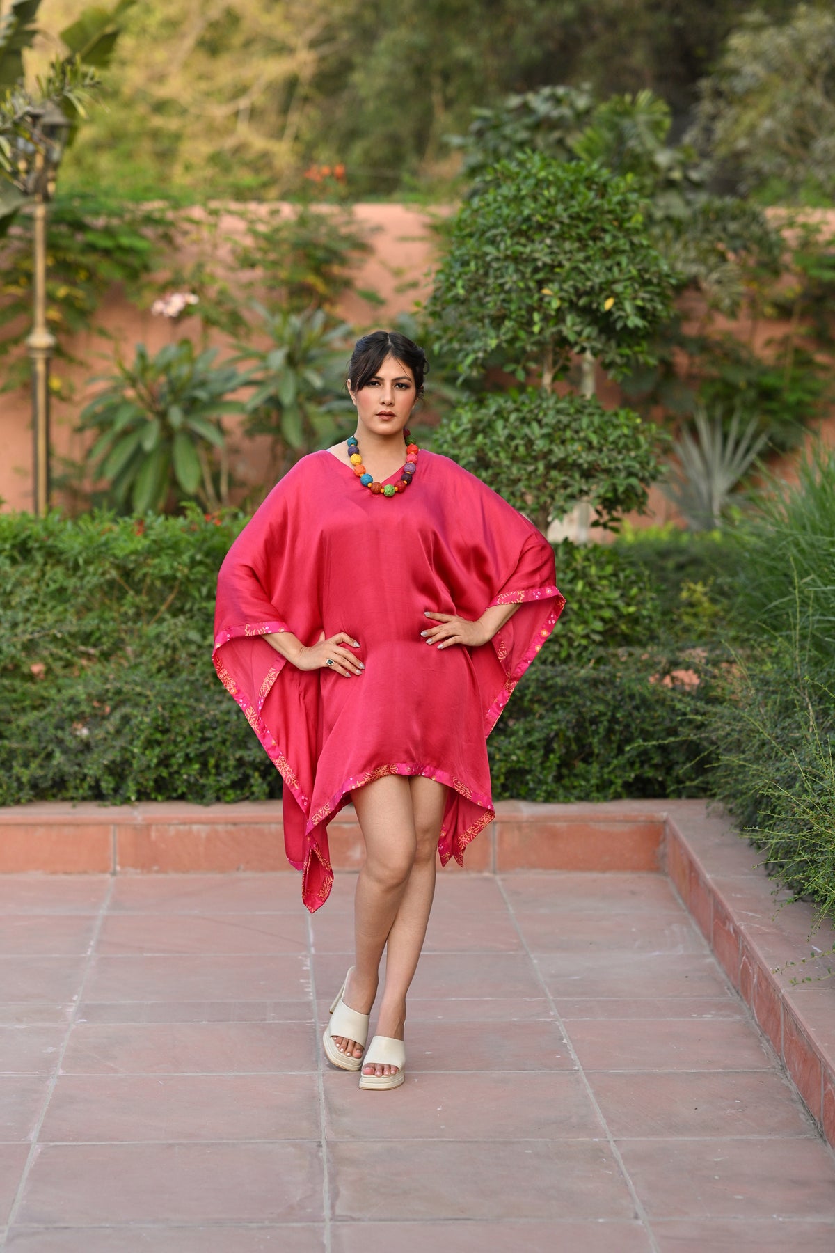 PINK MODAL SILK KAFTAN WITH SILK BORDER
