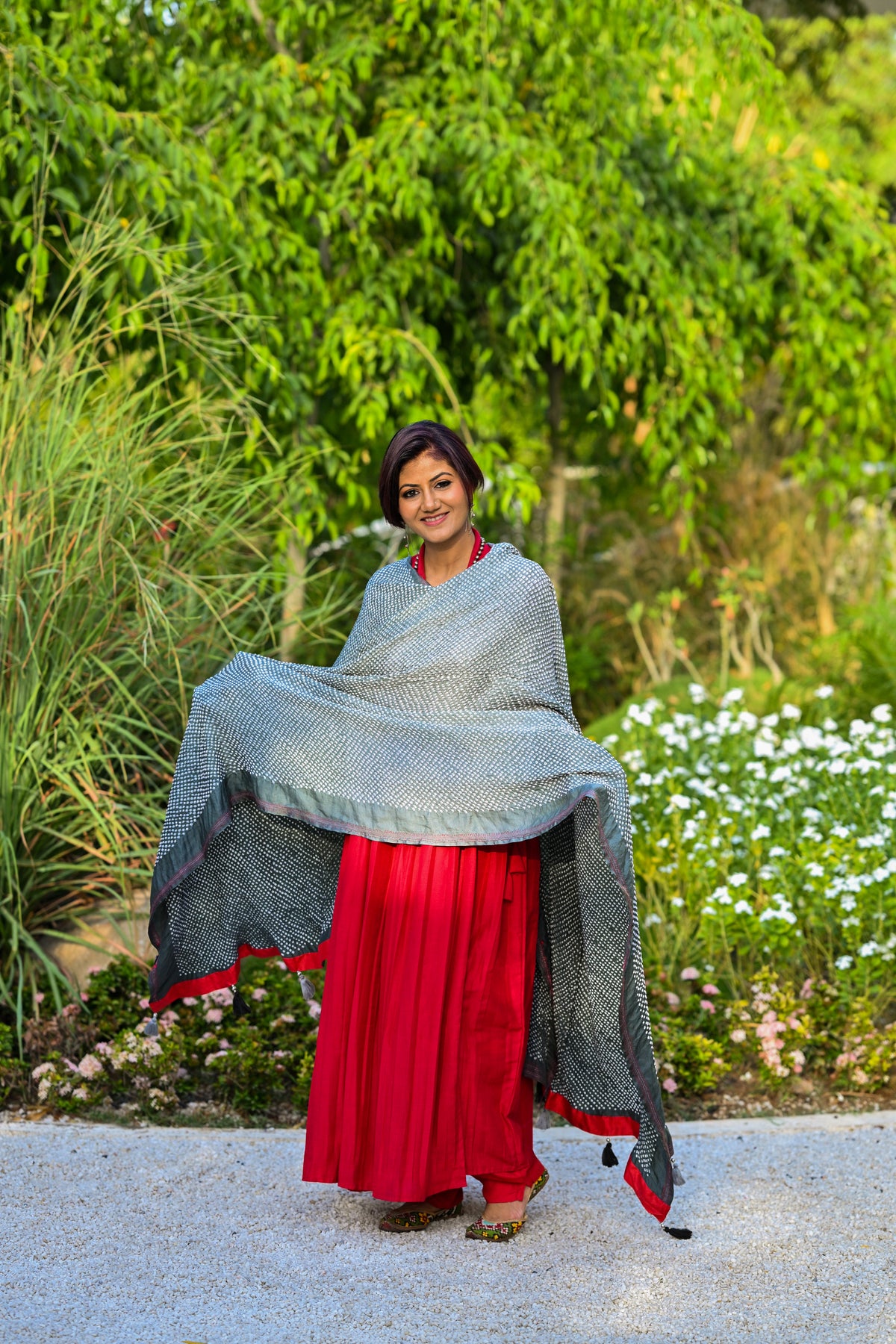GREY ETERNAL DOTS BANDHANI SILK DUPATTA WITH BORDER AND EMBROIDERY