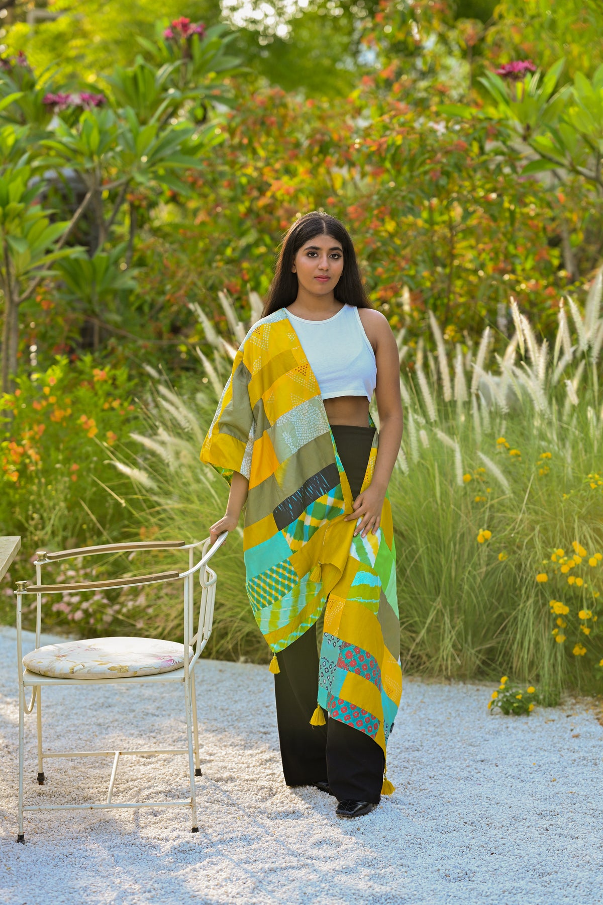 YELLOW-GREEN BAARADOZI PATCHWORK REVERSIBLE SILK STOLE WITH TASSELS
