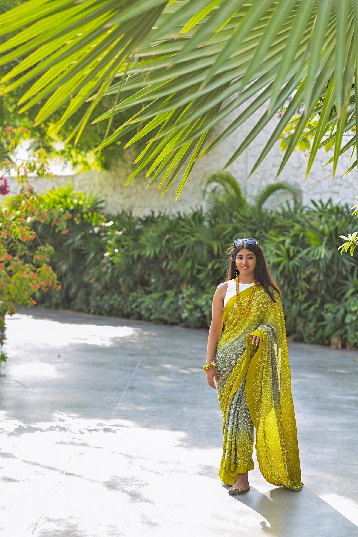MUSTARD YELLOW-GREY ETERNAL DOTS BANDHANI SILK SAREE