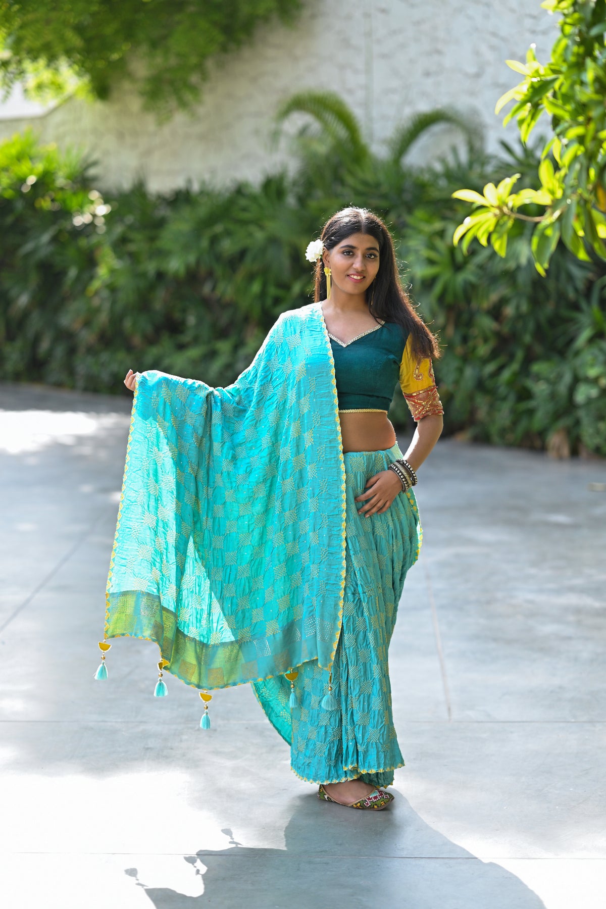 LIGHT BLUE SQUARE GEOMETRIC BANDHANI SILK SAREE WITH MUKAISH WORK AND TASSELS