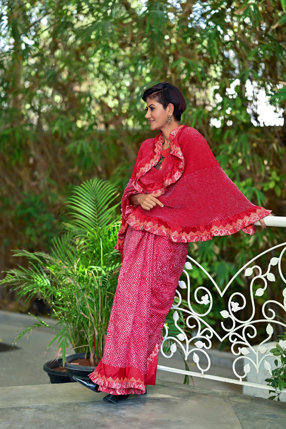 RED ETERNAL DOT SILK BANDHANI SAREE WITH EMBROIDERY AND RUFFLE BORDER