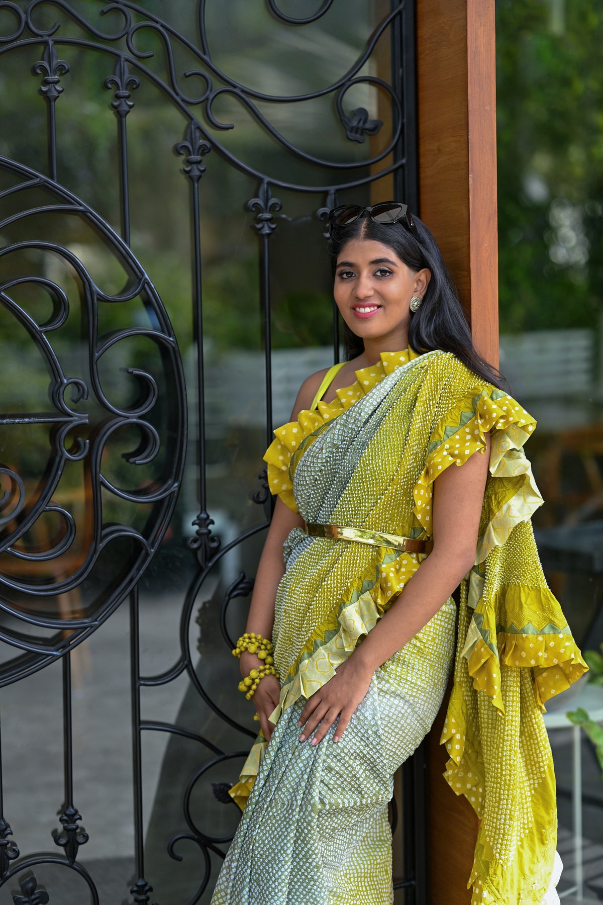 YELLOW-GREY SILK BANDHANI SAREE WITH EMBROIDERY AND RUFFLE BORDER