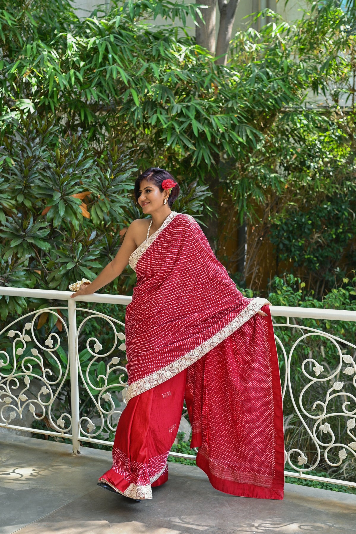 RED YIN-YANG HALF FULL HALF EMPTY ETERNAL DOT BANDHANI SILK SAREE WITH SEQUIN WORK AND LACE