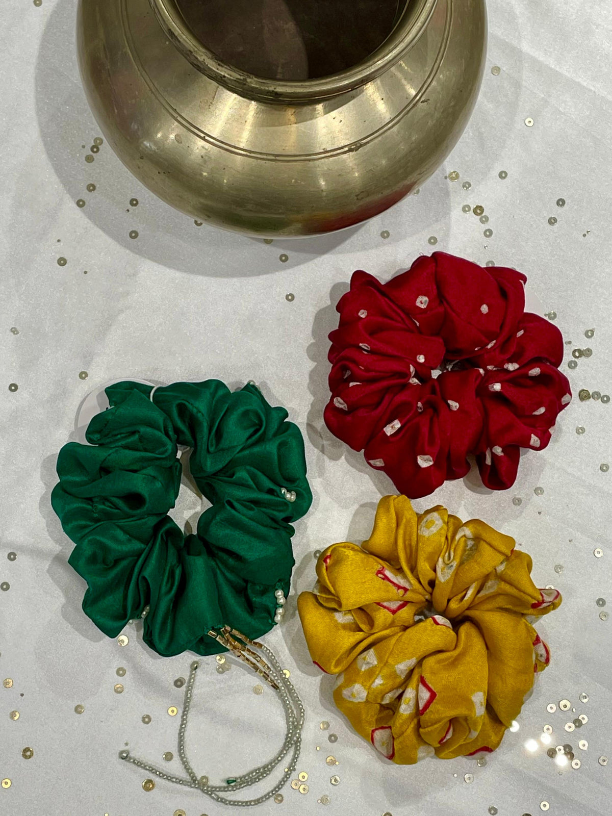 SILK SCRUNCHIES COMBO - RED, YELLOW AND GREEN
