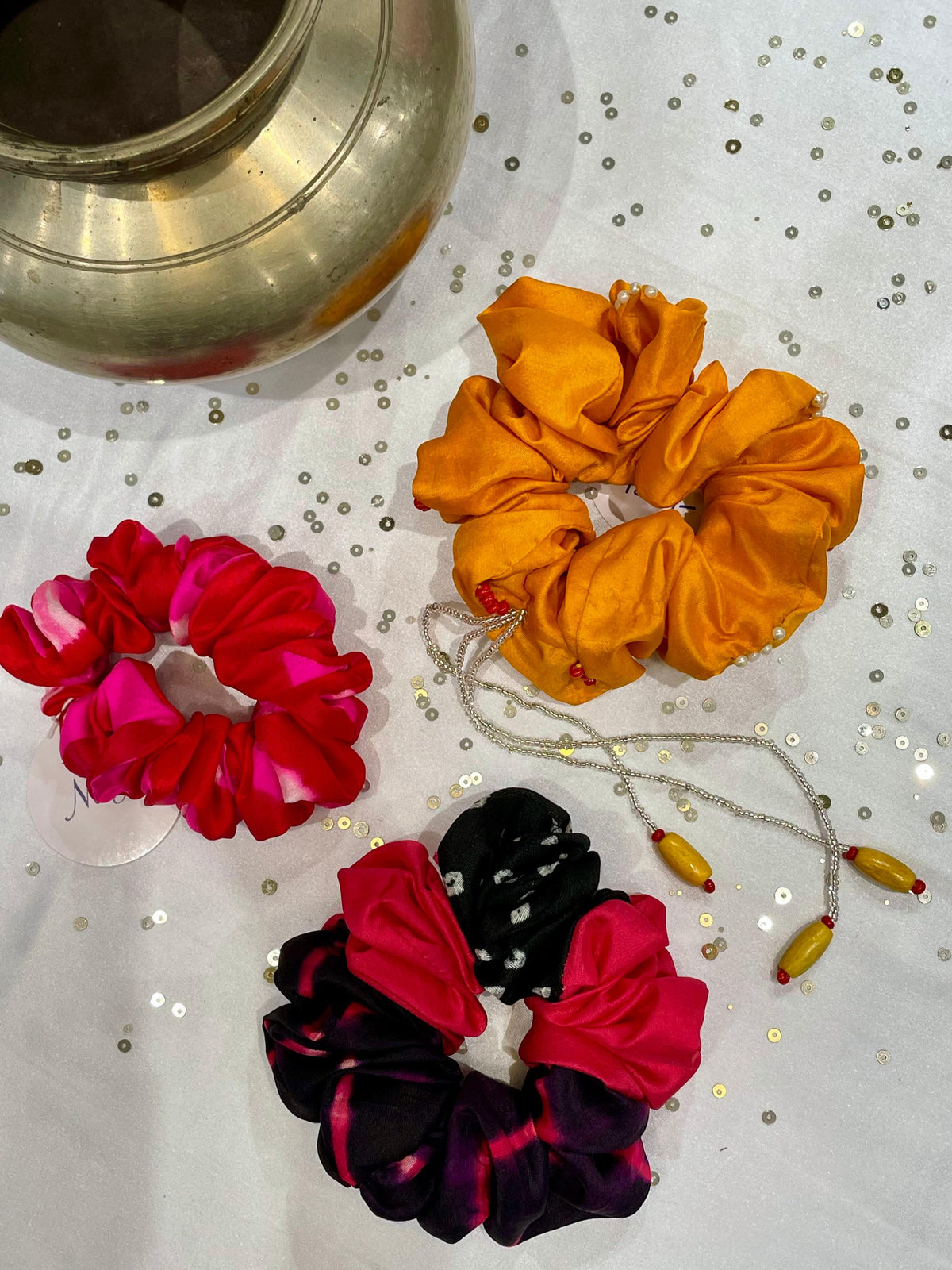 SILK SCRUNCHIES COMBO - YELLOW, RED AND BLACK