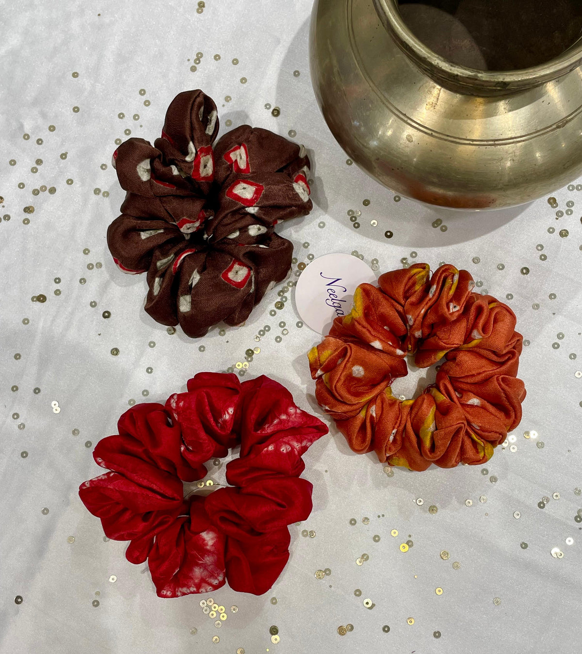 SILK SCRUNCHIES COMBO - RED, ORANGE AND BROWN