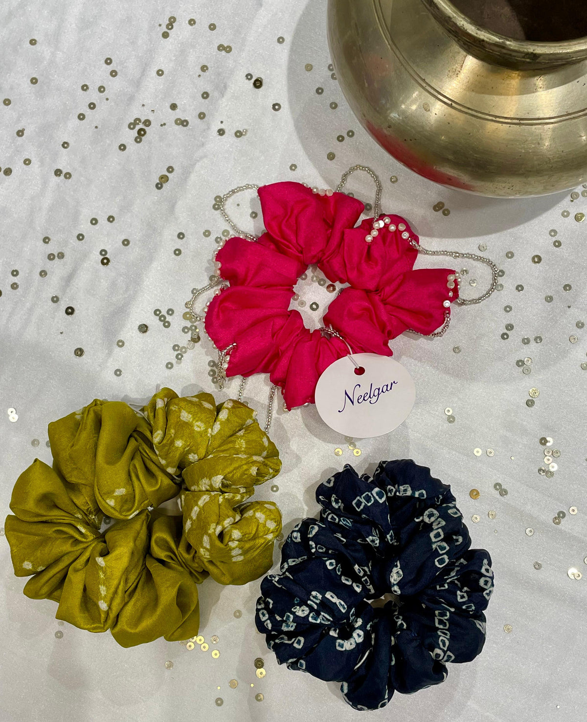 SILK SCRUNCHIES COMBO - PINK, GREEN, BLUE