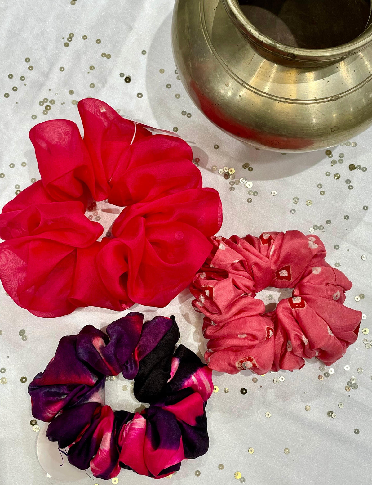 SILK AND ORGANZA SCRUNCHIES COMBO - PINK, LIGHT PINK AND BLACK-PINK