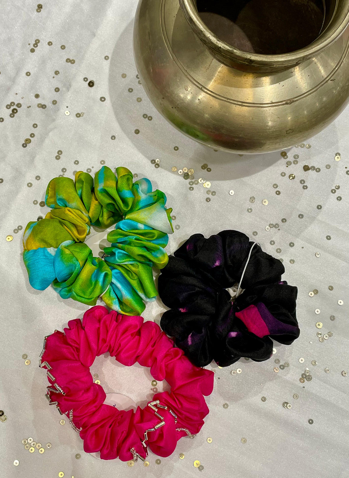 SILK SCRUNCHIES COMBO - PINK, YELLOW-GREEN AND BLACK