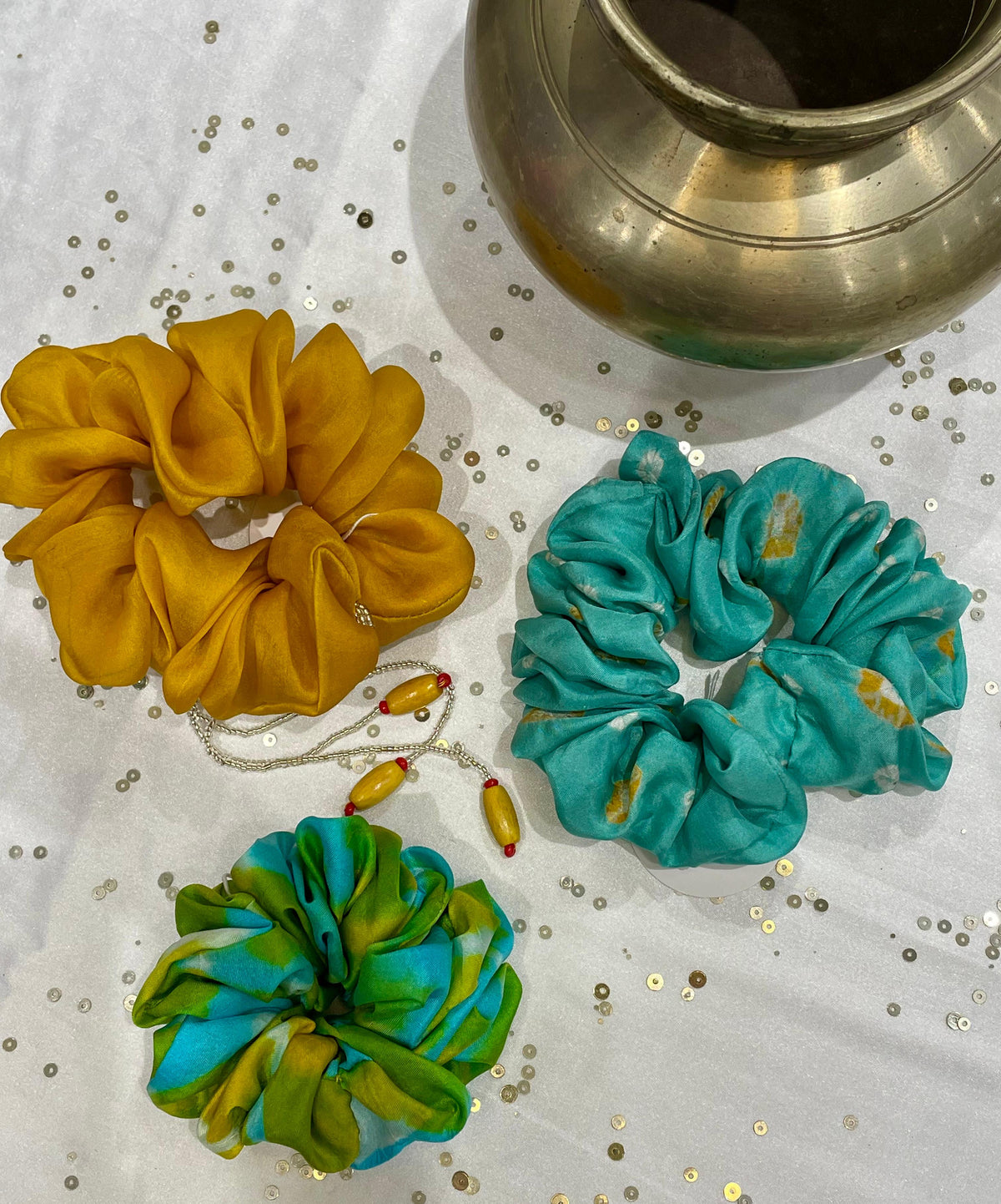 SILK AND ORGANZA SILK SCRUNCHIES - YELLOW, LIGHT BLUE, YELLOW-GREEN