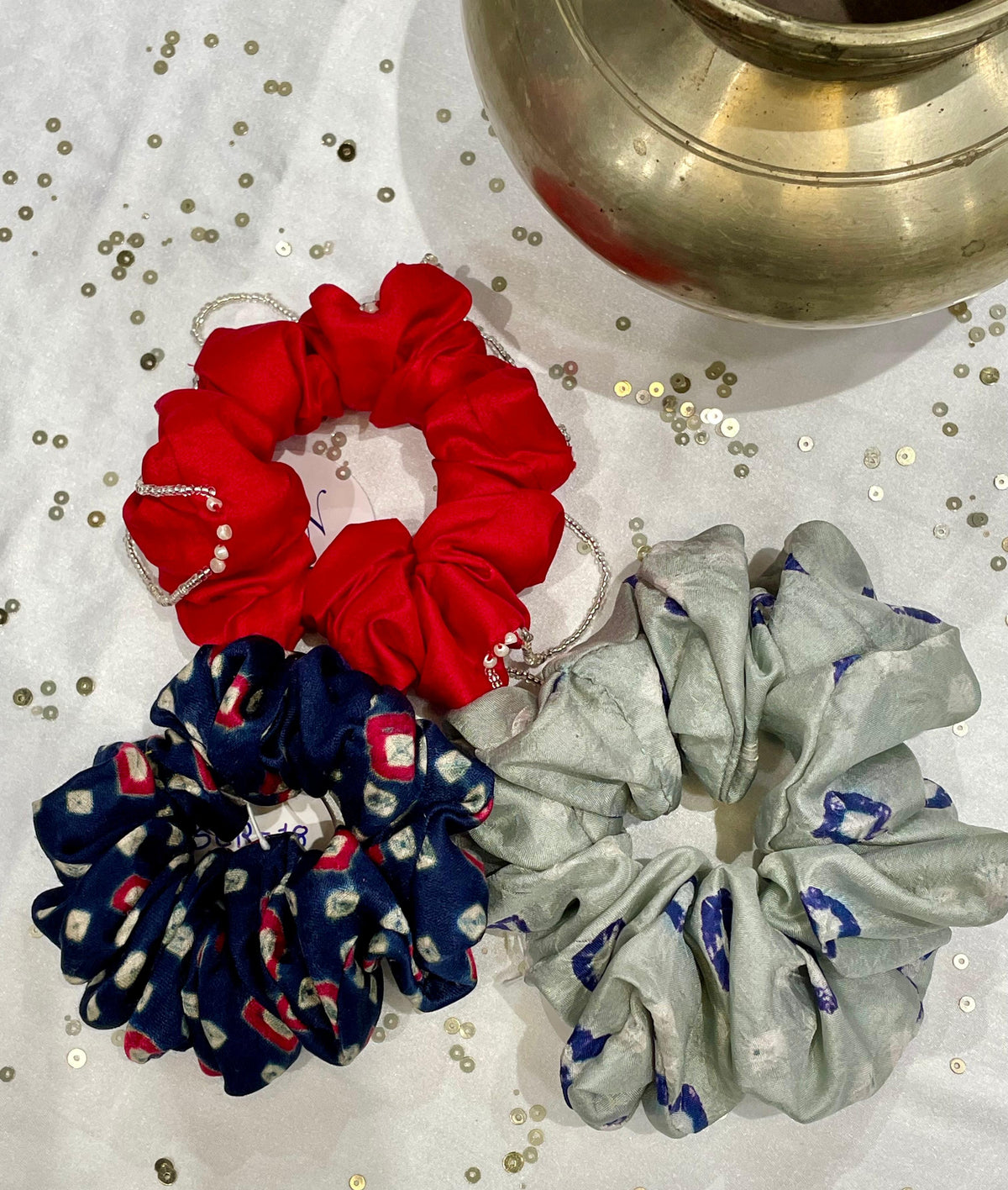 SILK SCRUNCHIES COMBO - RED, BLUE AND GREY