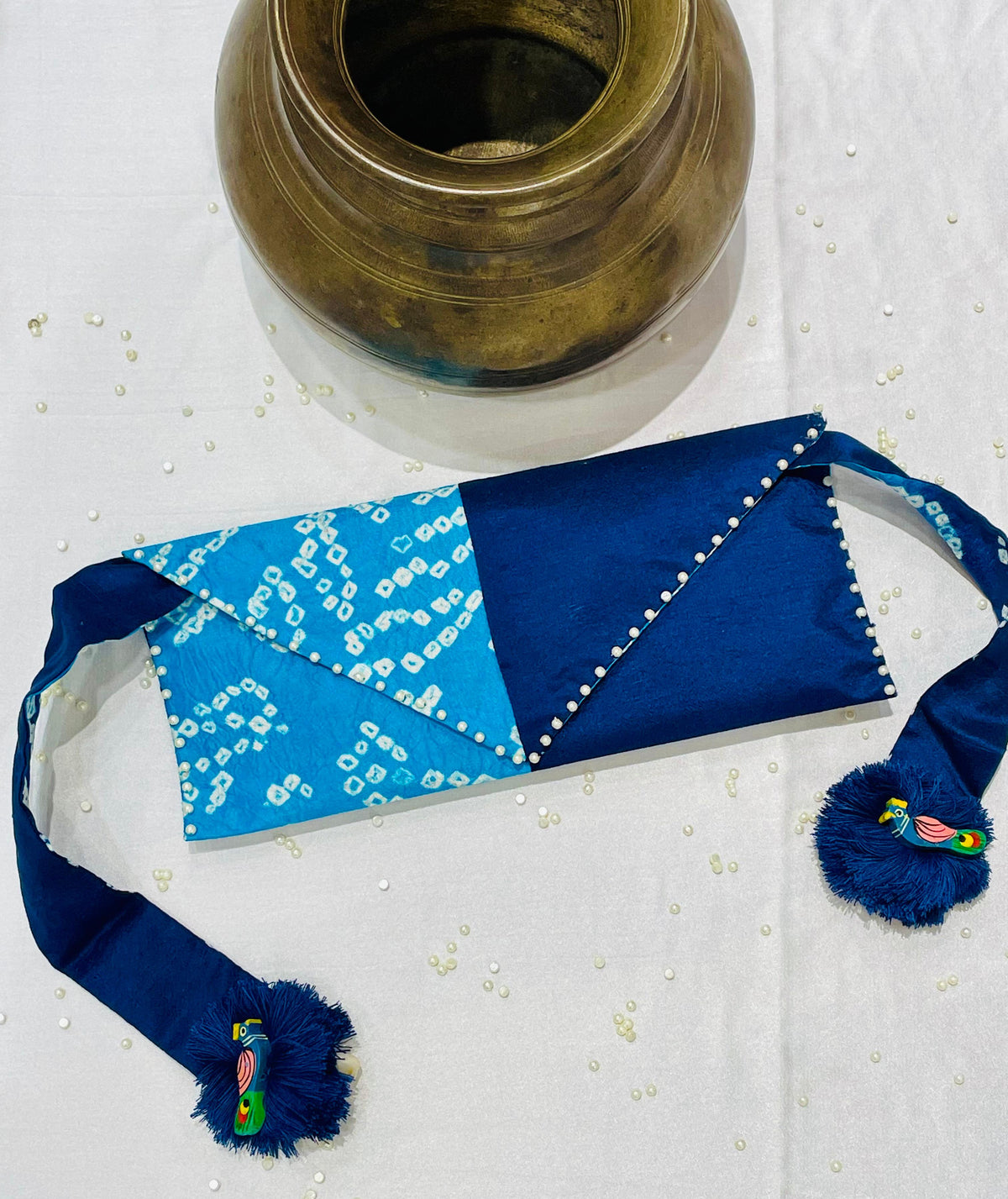 LIGHT BLUE - INDIGO BLUE SILK WAIST BAG WITH HANDMADE TASSELS AND STONEWORK