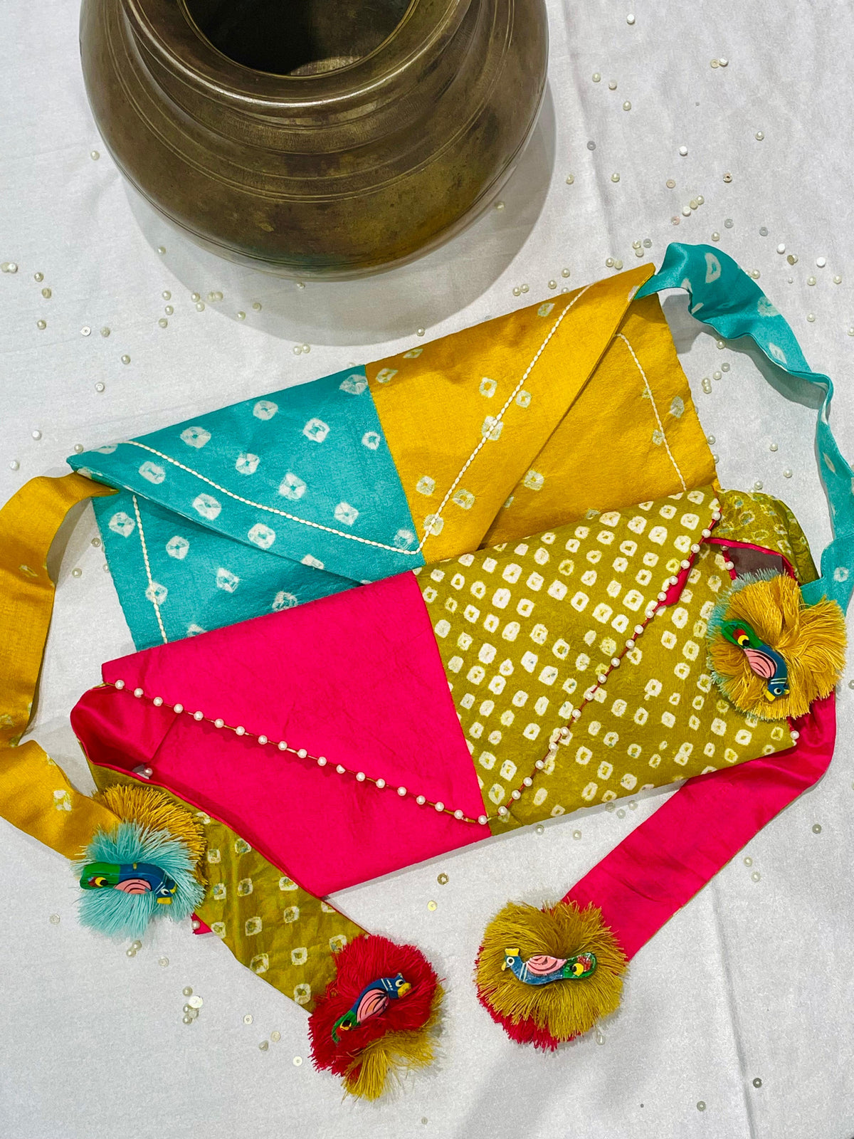 SILK WAIST BAG COMBO WITH HANDMADE TASSELS AND STONEWORK