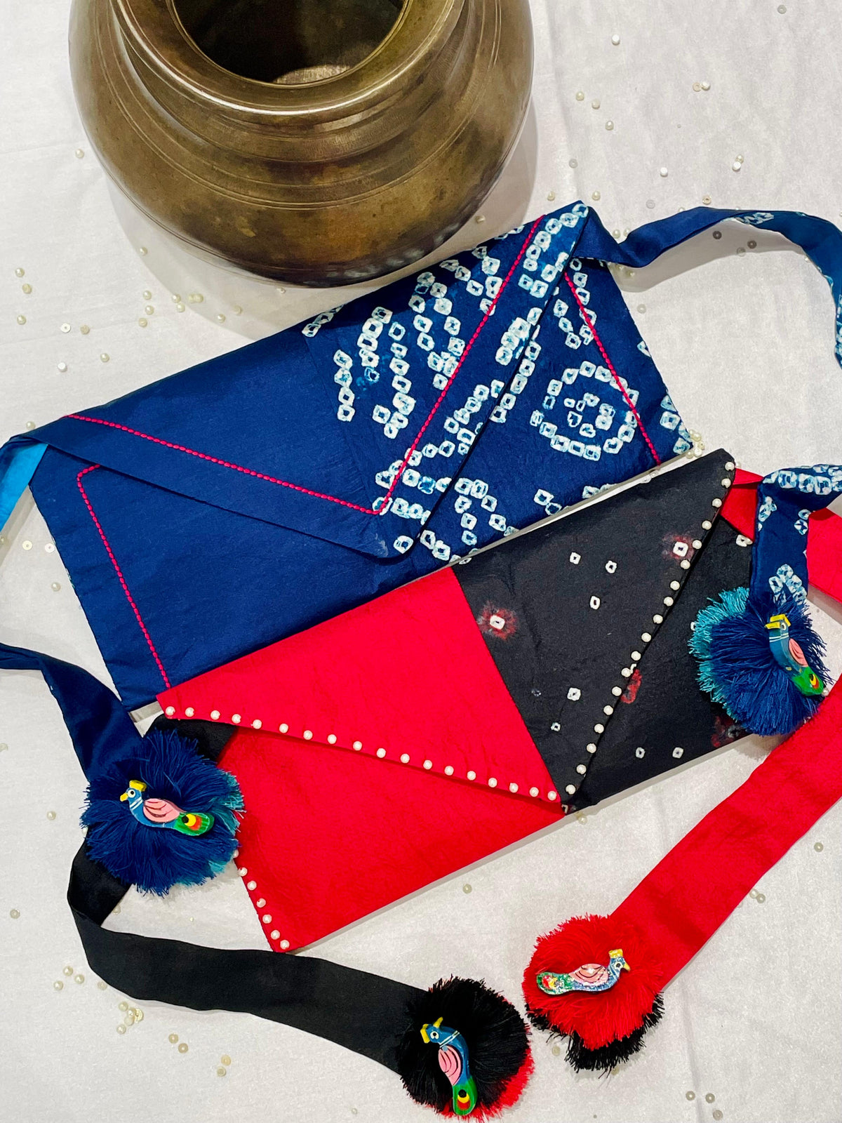 SILK WAIST BAG COMBO WITH HANDMADE TASSELS AND STONEWORK