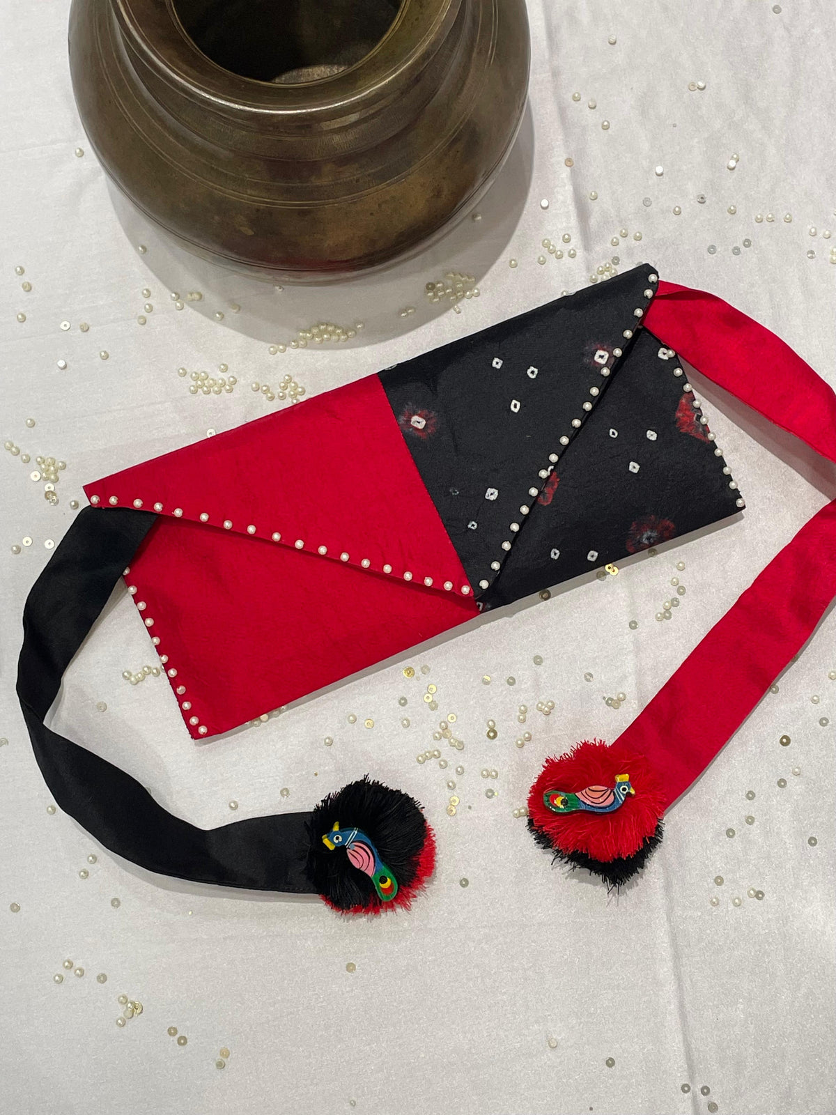 RED-BLACK SILK WAIST BAG WITH HANDMADE TASSELS AND STONEWORK