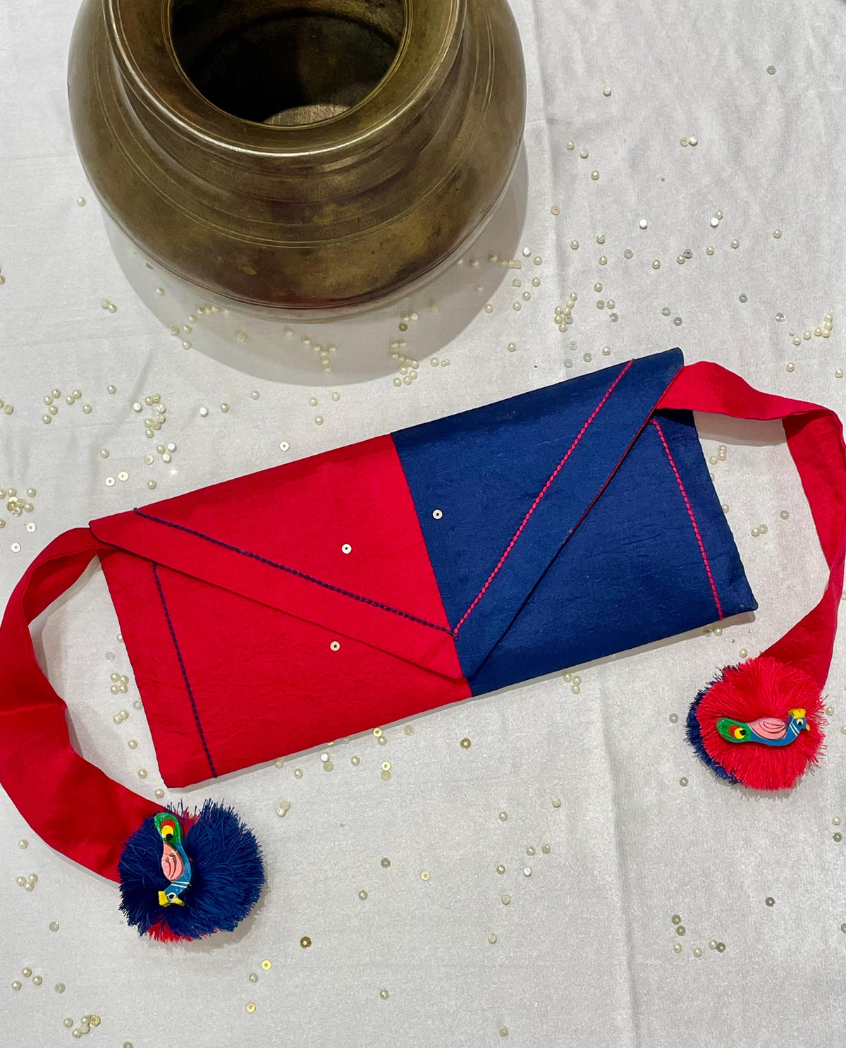 RED-BLUE SILK WAIST BAG WITH HANDMADE TASSELS