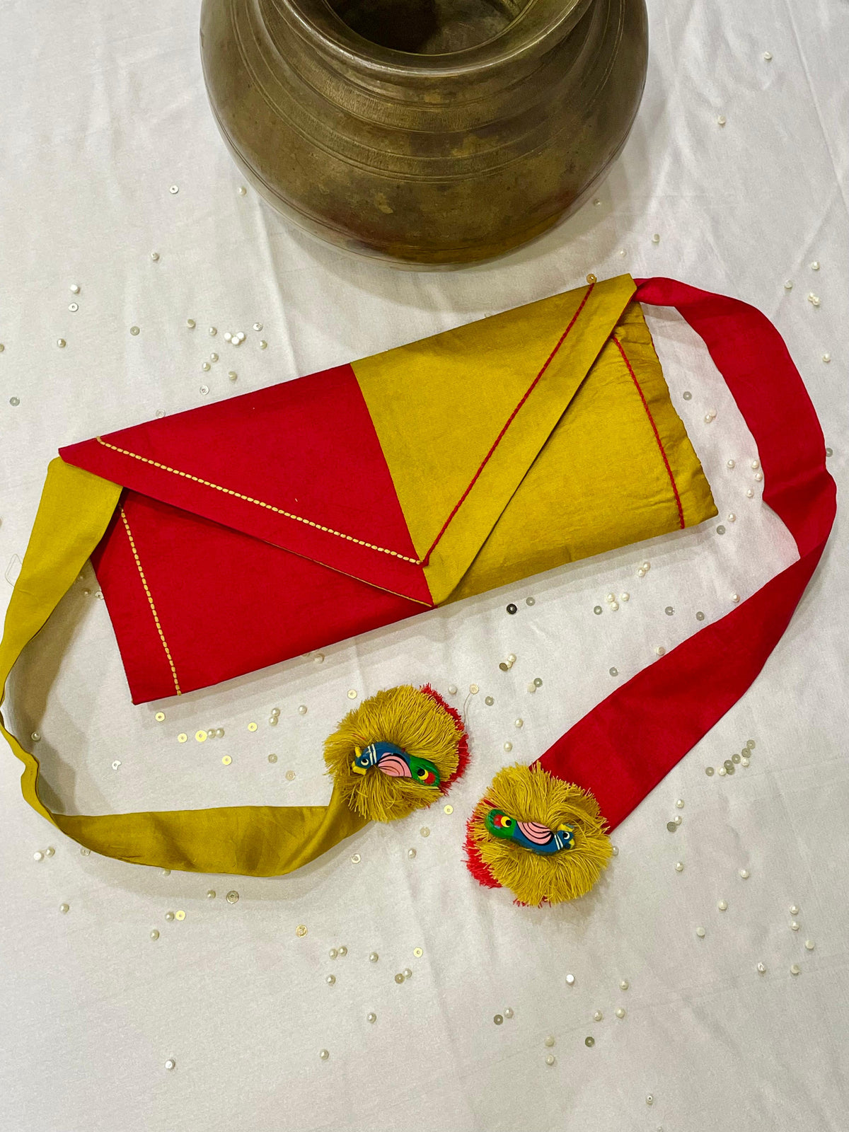 RED-YELLOW SILK WAIST BAG WITHHANDMADE TASSELS