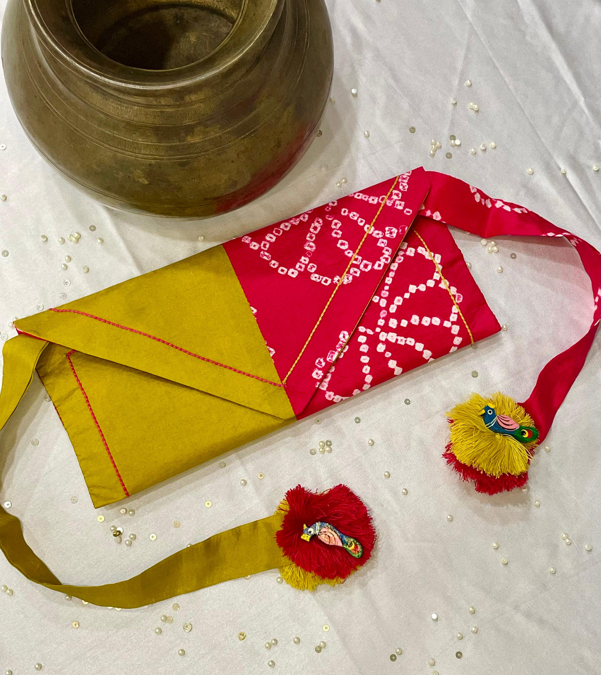 PINK-YELLOW SILK WAIST BAG WITH HANDMADE TASSELS