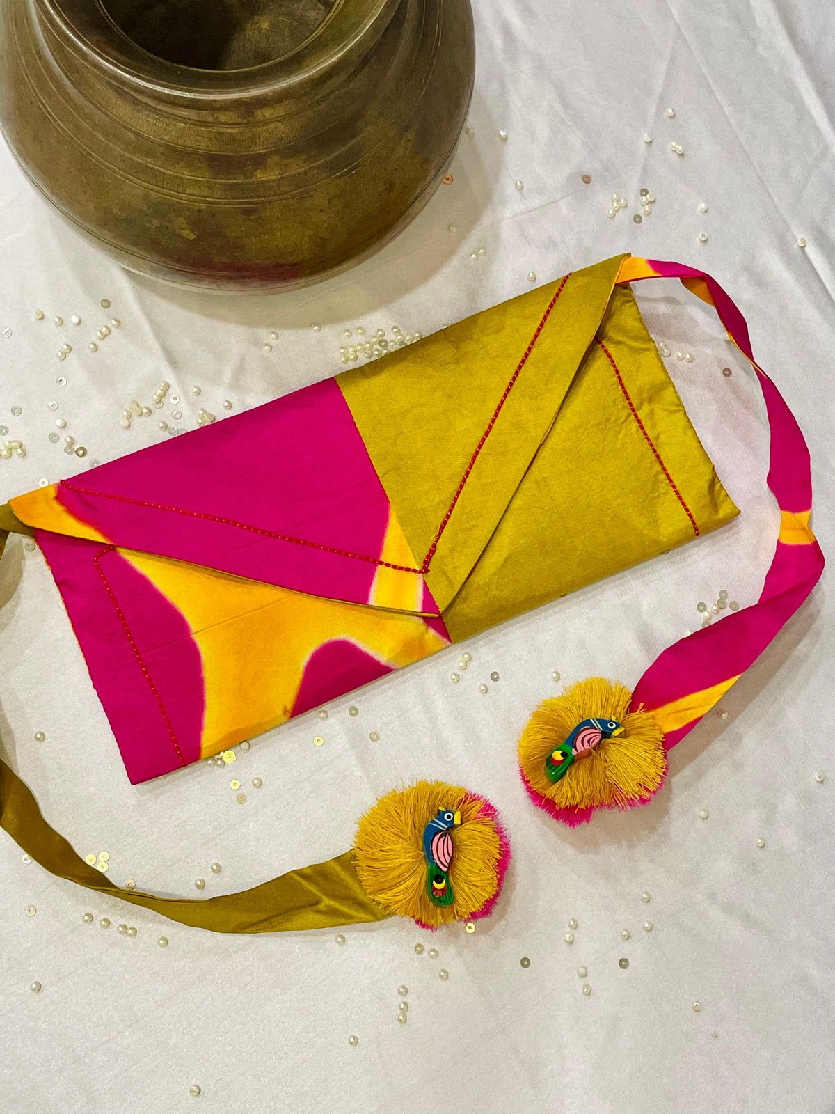 PINK-YELLOW SILK WAIST BAG WITH HANDMADE TASSELS