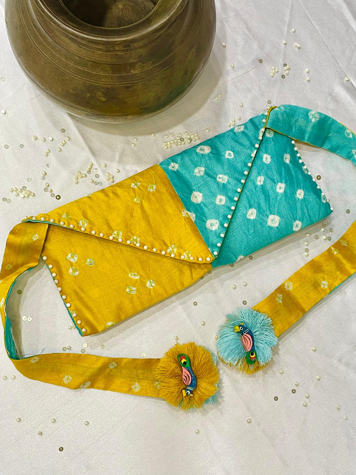 LIGHT BLUE - YELLOW SILK WAIST BAG WITH HANDMADE TASSELS AND STONEWORK