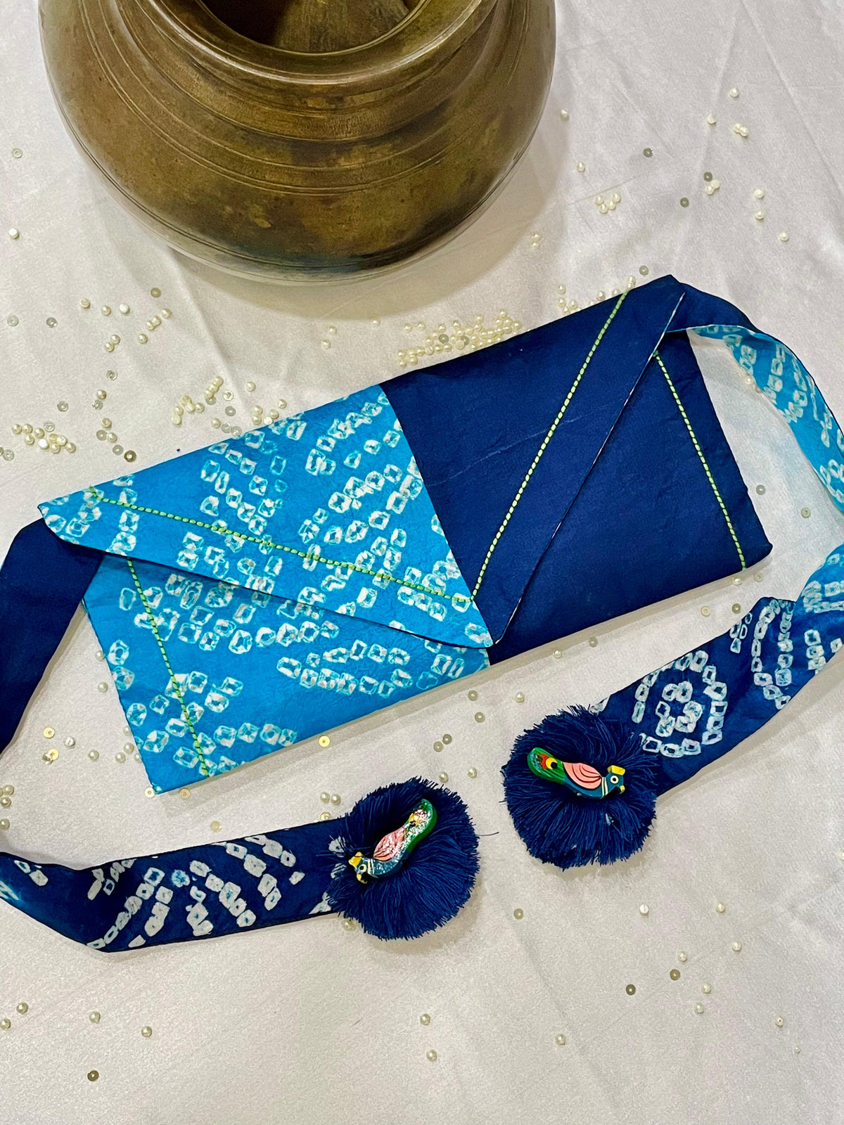 LIGHT BLUE - BLUE SILK WAIST BAG WITH HANDMADE TASSELS