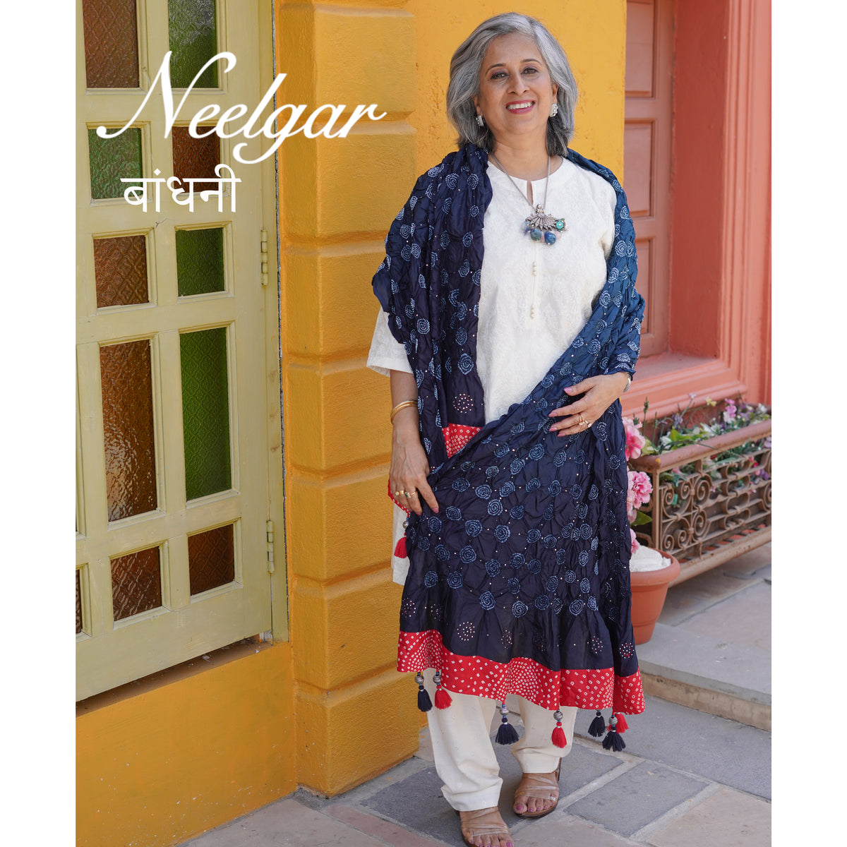INDIGO BLUE CIRCLE OF THE LIFE BANDHANI SILK DUPATTA WITH BORDER AND TASSELS