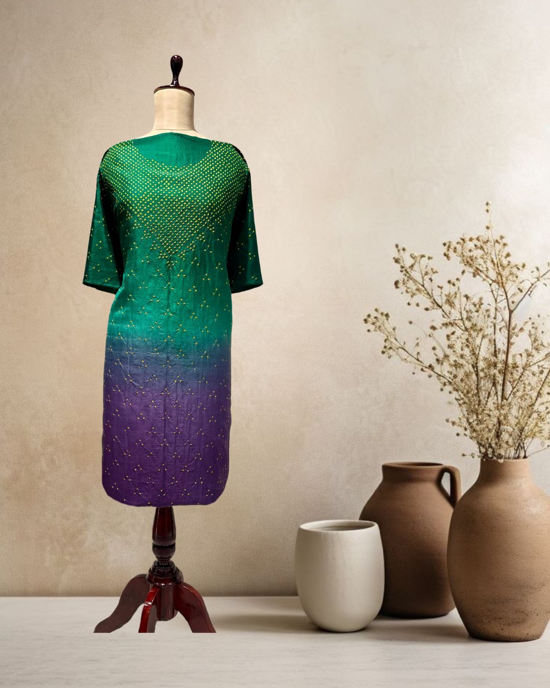 GREEN-PURPLE YOKE SILK BANDHANI FABRIC