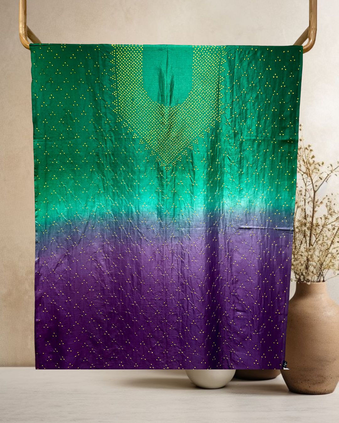 GREEN-PURPLE YOKE SILK BANDHANI FABRIC