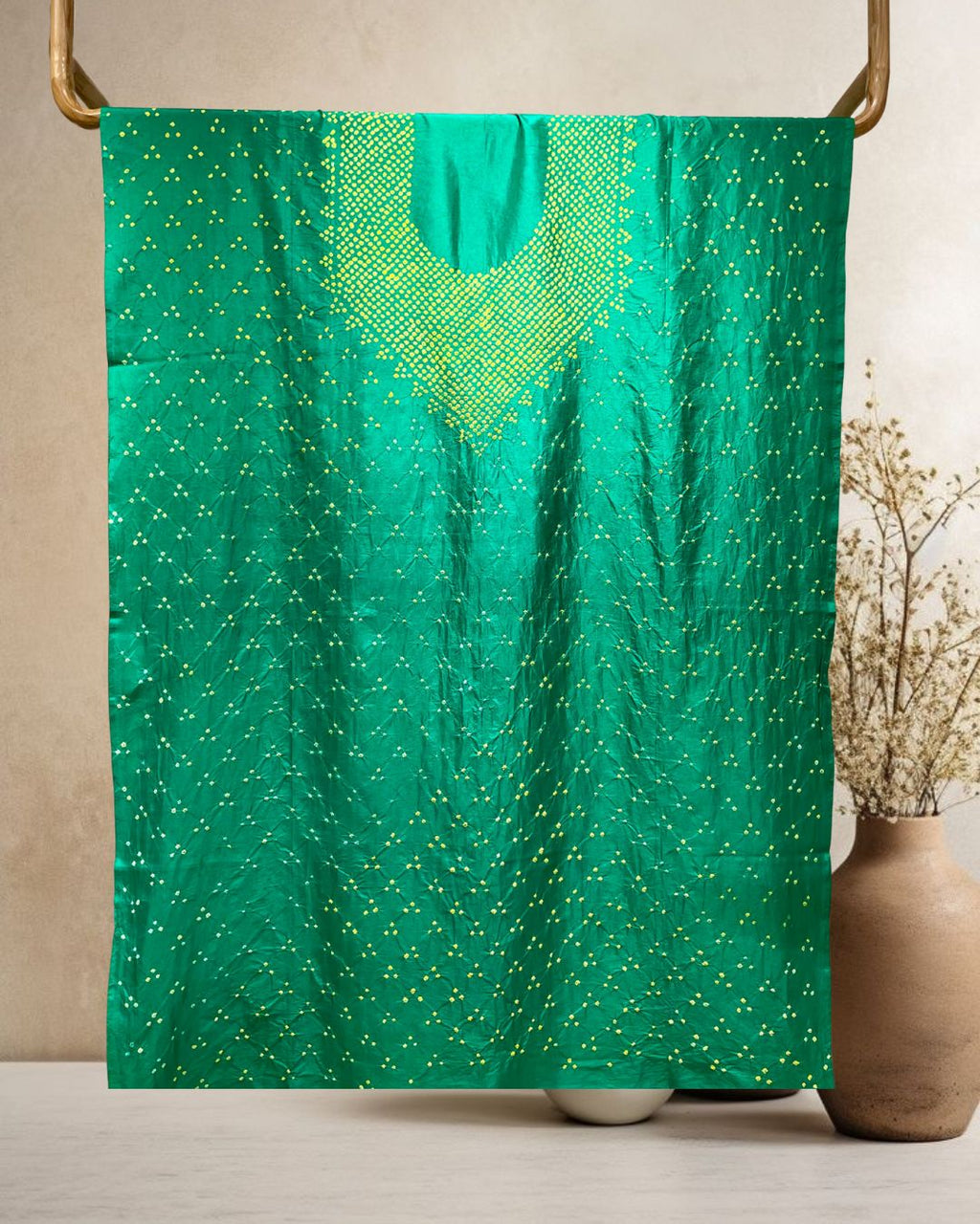 GREEN YOKE SILK BANDHANI FABRIC