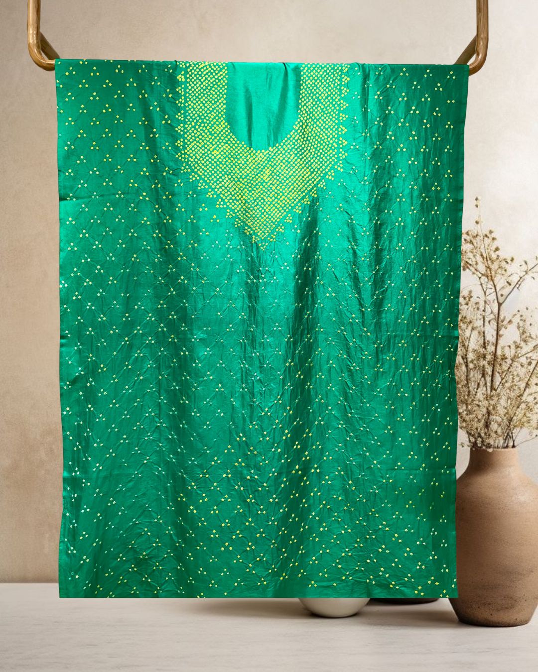 GREEN YOKE SILK BANDHANI FABRIC