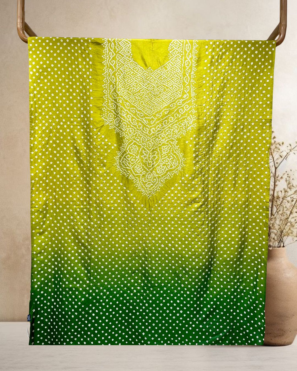 GREEN SHADED YOKE SILK BANDHANI FABRIC
